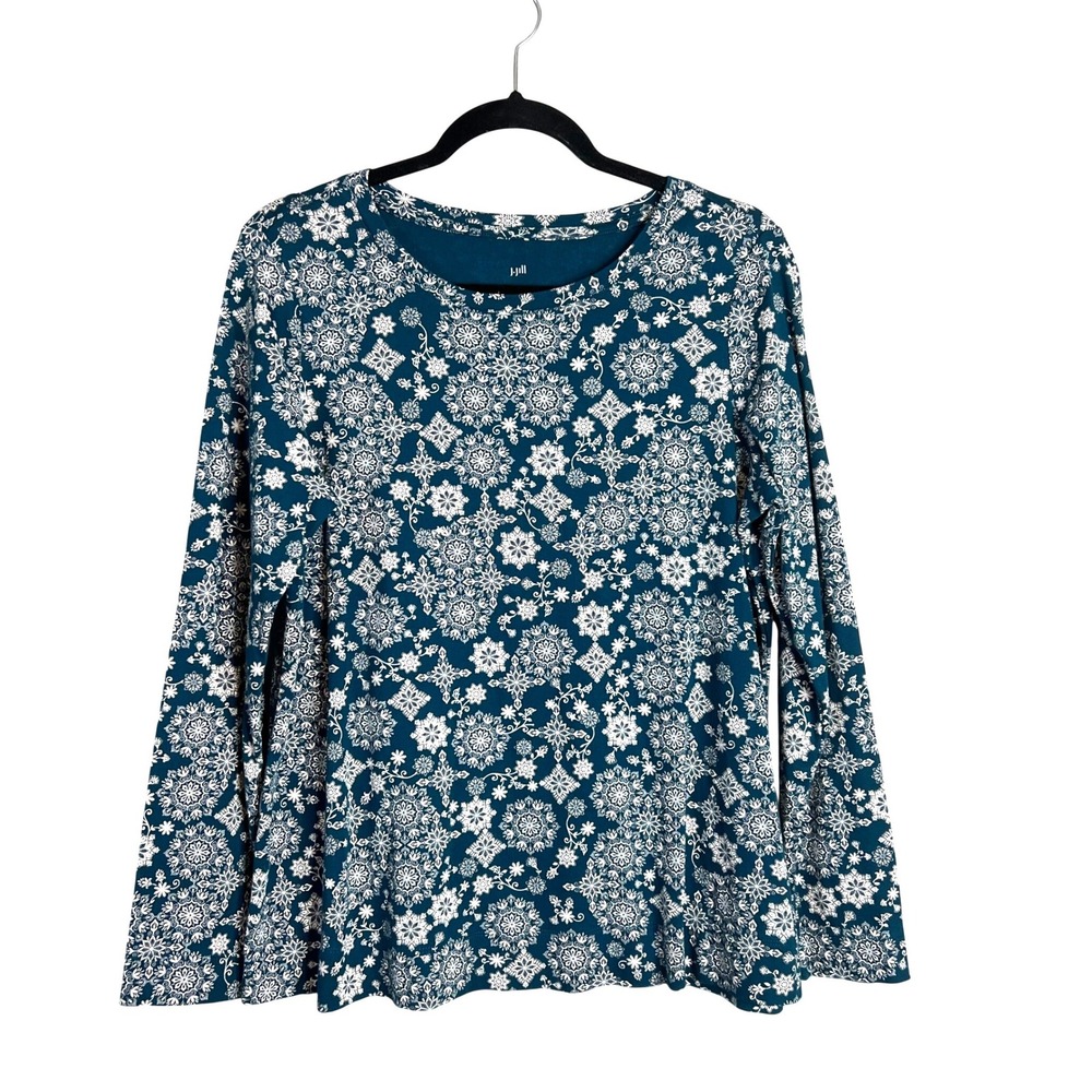 J. Jill Pima Long Sleeve Crew Neck Tee Sz L Teal Pima Cotton Mandala Print